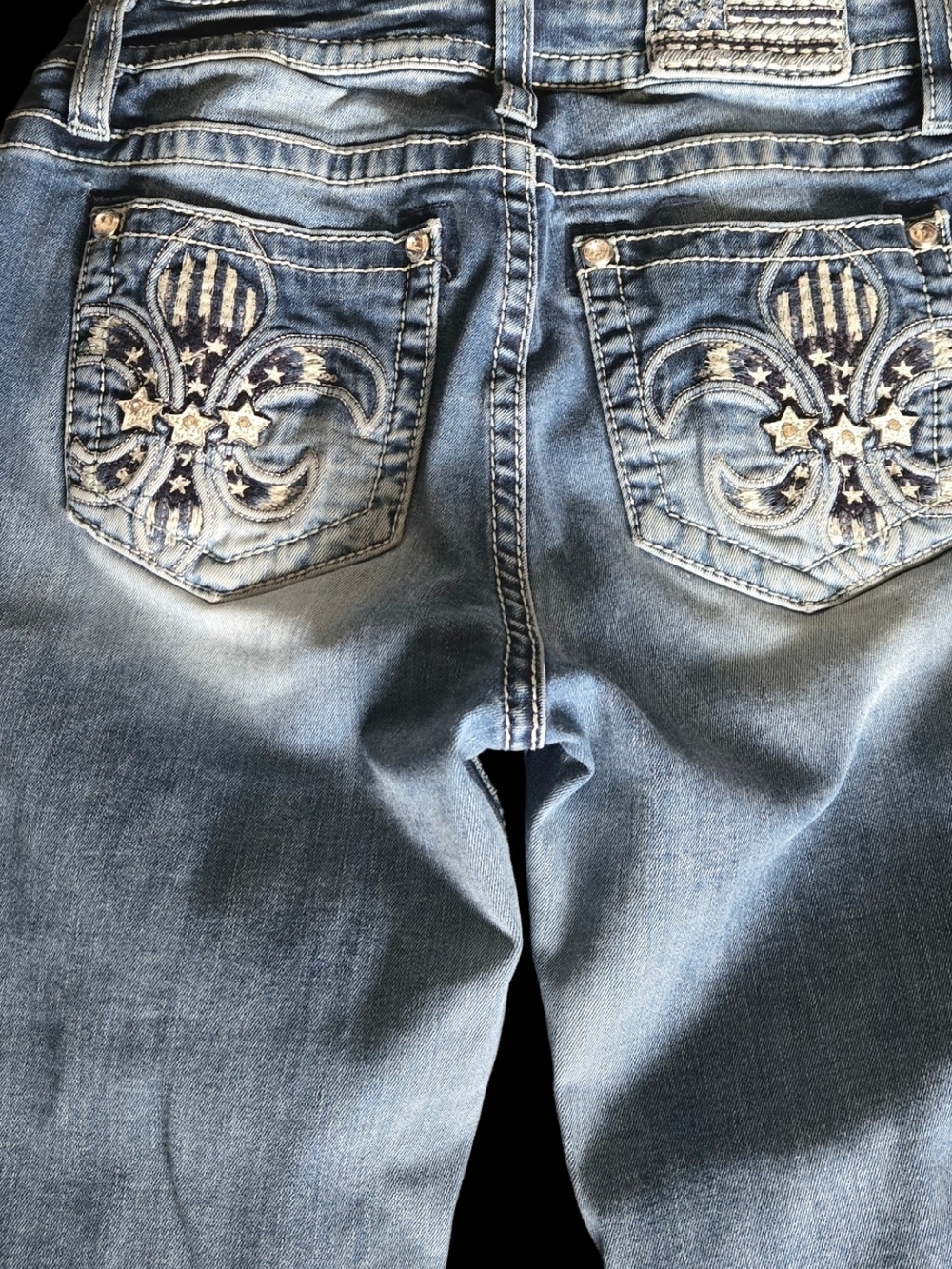 Miss Me Light Blue Bootcut Jeans with Fleur-de-Lis USA Flag Pocket Embroidery 30